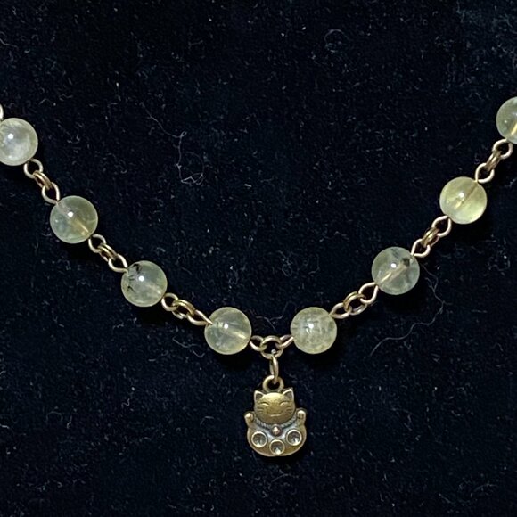 Natural Yellow Green Prehnite Necklace, Bronze Fortune Cat + Genuine Gemstone - Picture 3 of 16